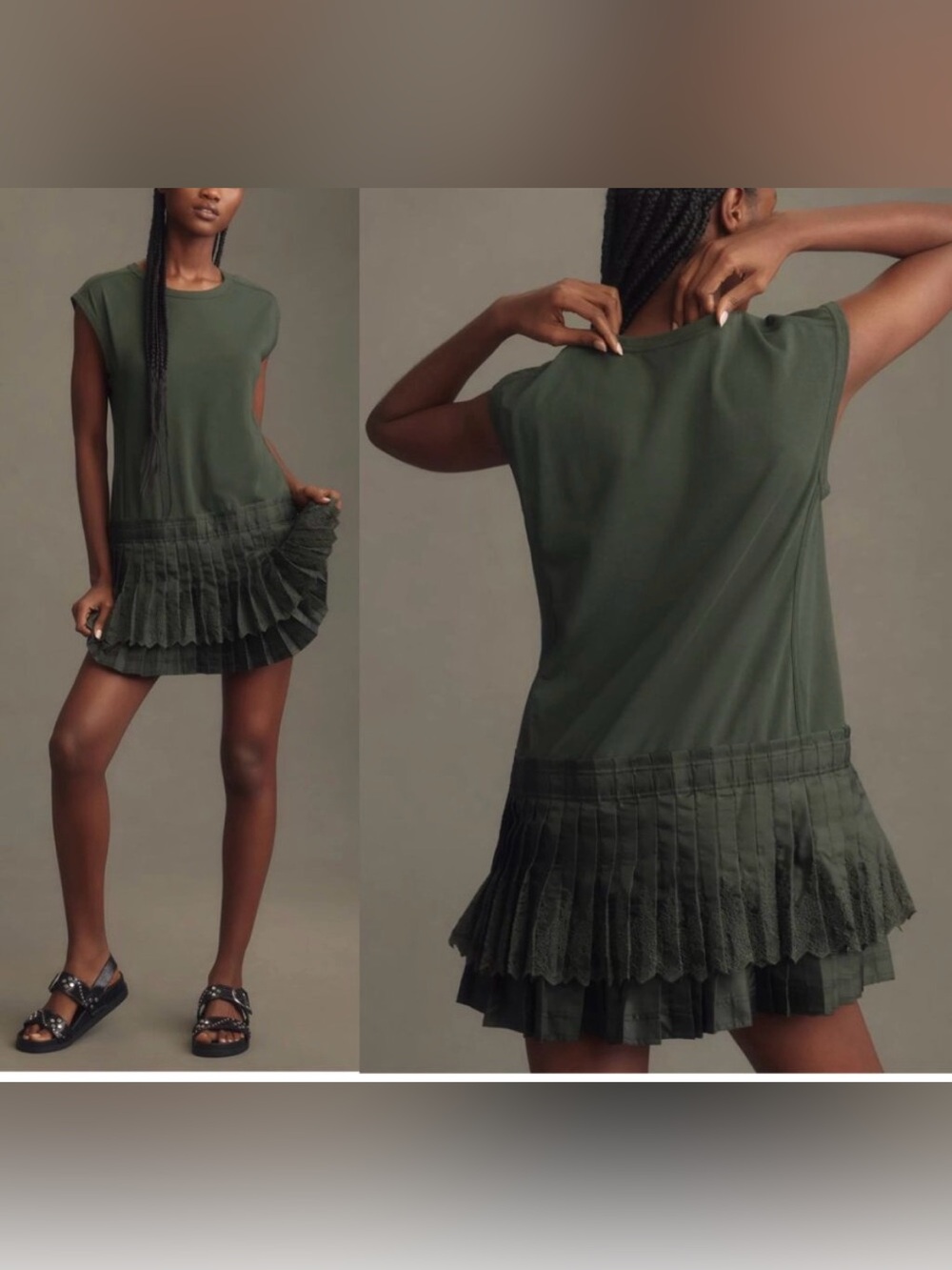 Anthropologie  daily practice Olive Green Pleated solid set mini dress nwt